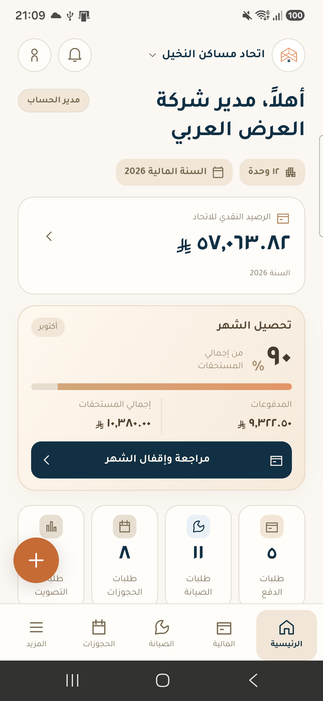 الشاشة الرئيسية للمدير في تطبيق إدارة