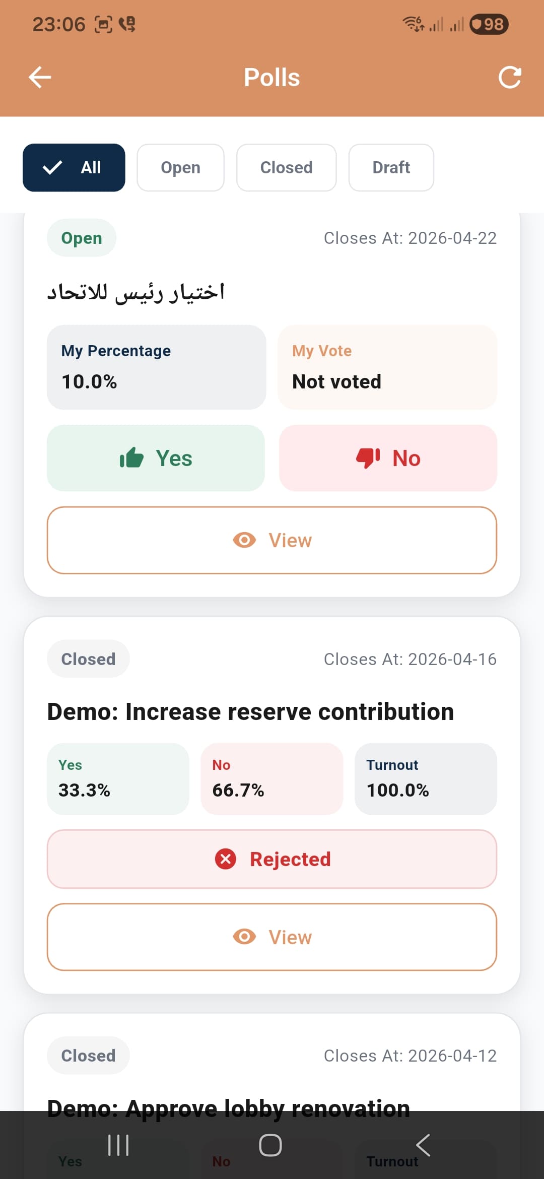 Polls and voting mobile screen